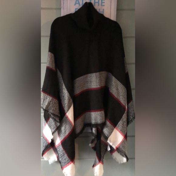 Lulus black striped turtleneck poncho shawl sweater w/ fringe edge OS 🎊SALE - Picture 4 of 14